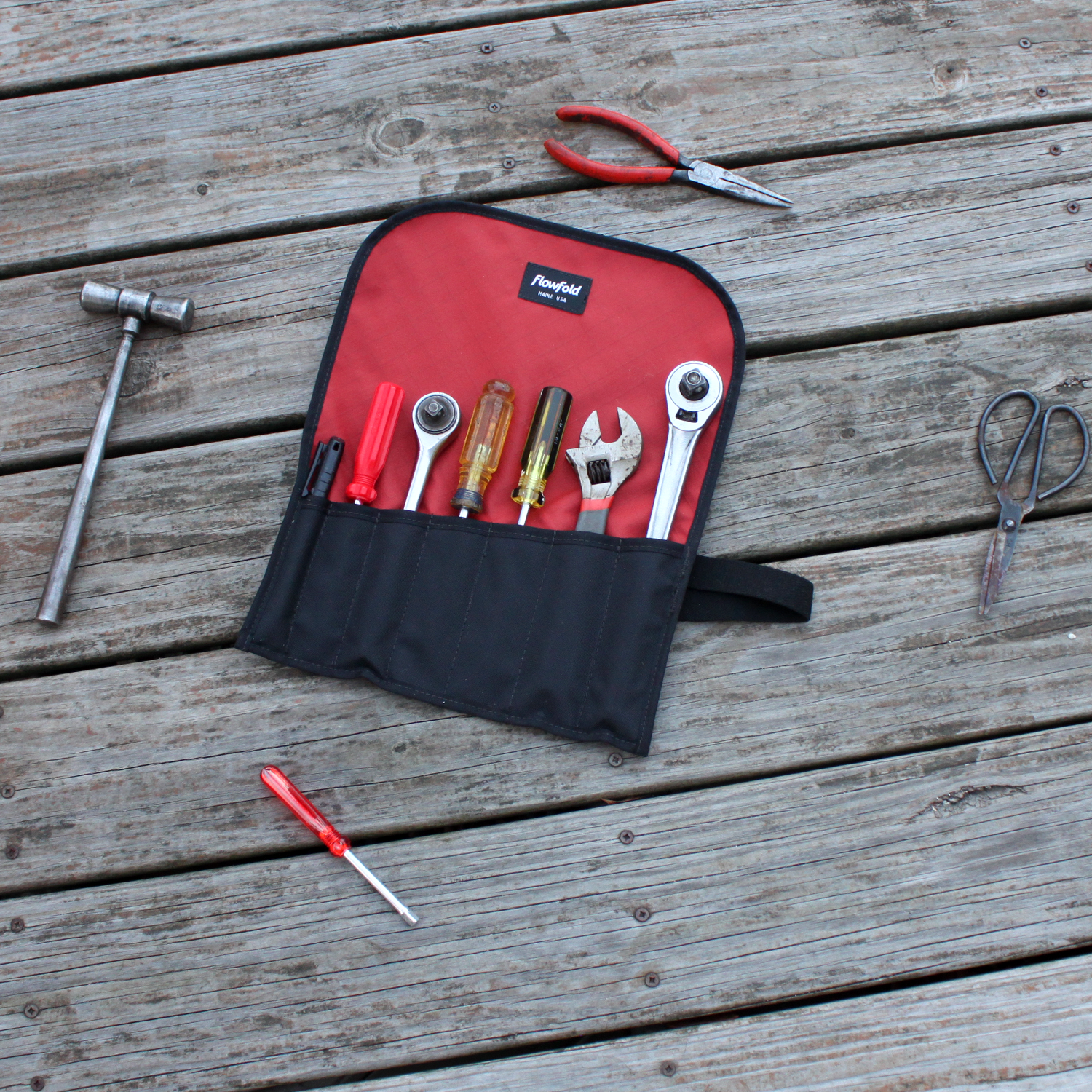 Flowfold Comrade Small Tool Roll - Brick Red, 100% Recycled fabric tool roll, water repellent and made in USA