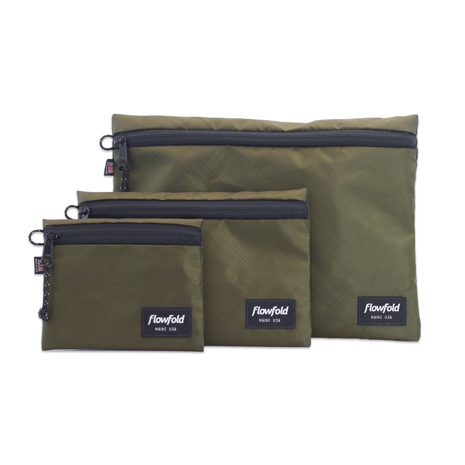 Flowfold Voyager Water Resistant Pouch / Utility Zipper Pouches Set Olive EcoPak Recycled Polyester