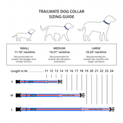 Flowfold Trailmate Dog Collar sizing guide small 11 16 inch, medium 14 21 inch, large 18 24 inch neckline adjustable 