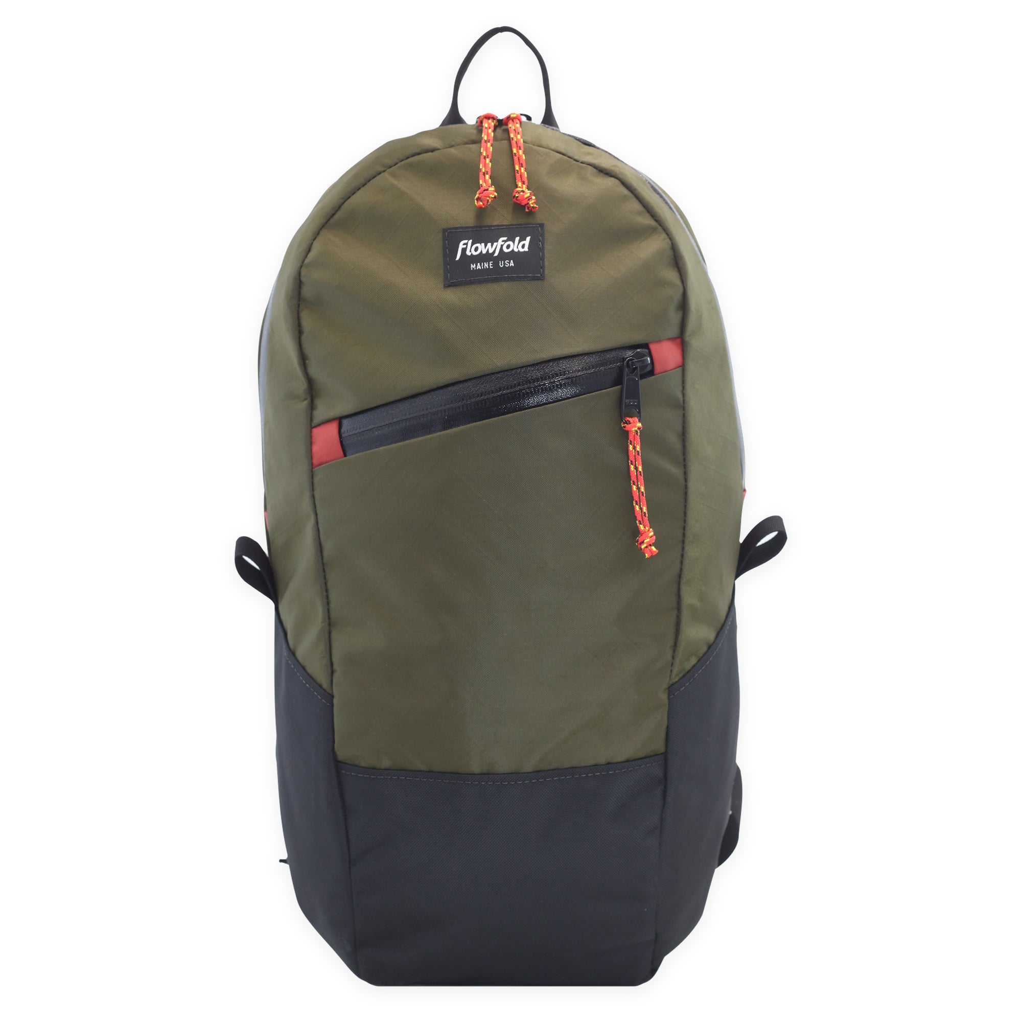 Flowfold Optimist 10L Mini Backpack Front Zipper Pocket View of Olive Green with Brick Red Zipper Pulls