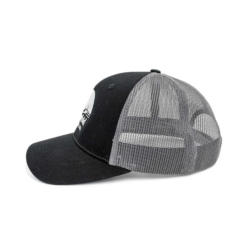 Flowfold Island Icon Black/Grey Low Profile Trucker hat side view mesh panels 