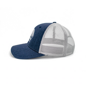Flowfold Island Icon Blue/White Low Profile Trucker hat side view mesh panels 