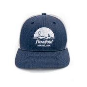 Flowfold Island Icon Blue/White Low Profile Trucker hat front view logo 