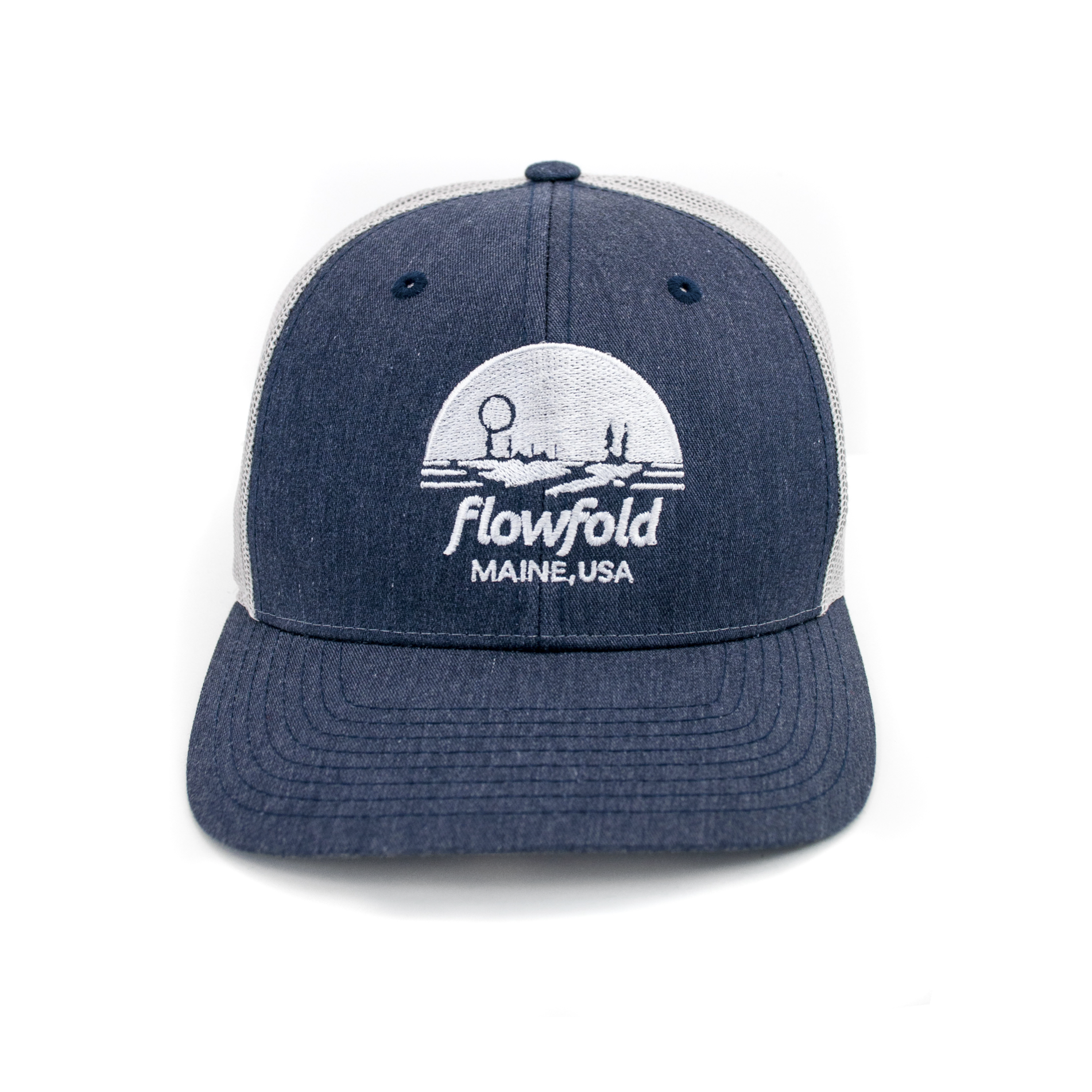 Flowfold Island Icon Blue/White Low Profile Trucker hat front view logo 