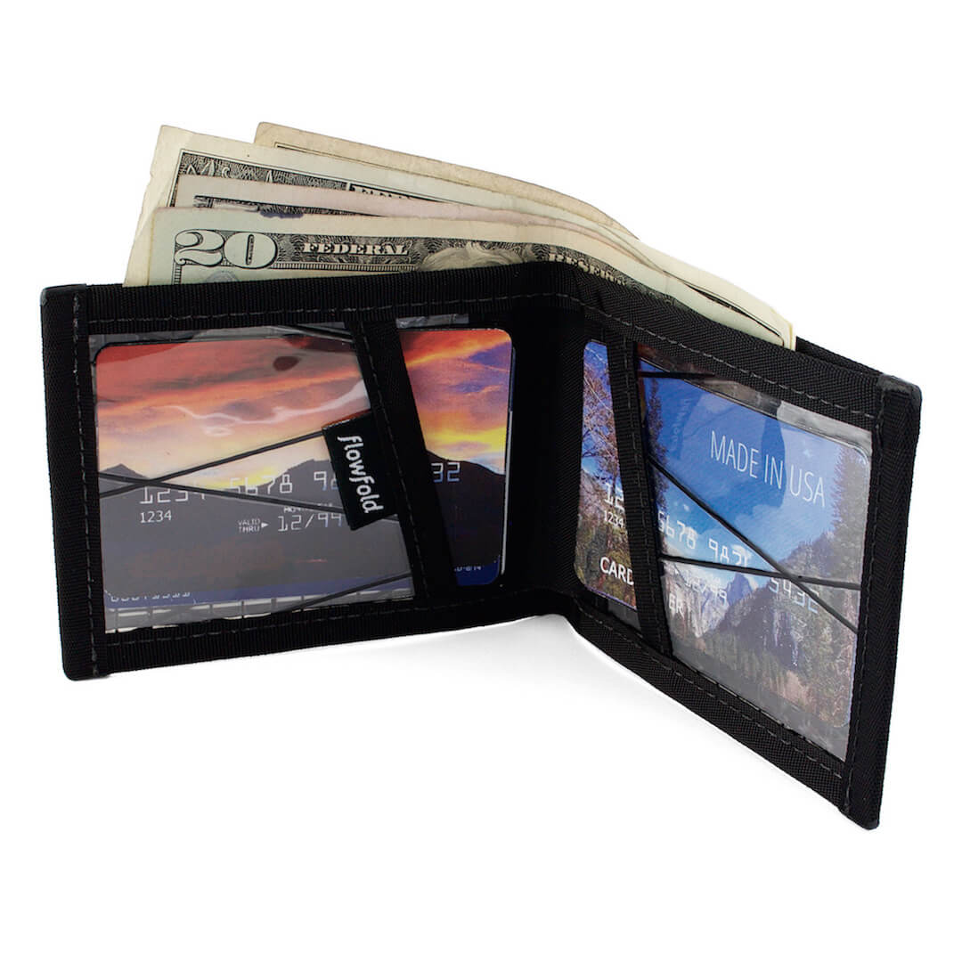 Flowfold RFID Blocking Vanguard Black Bifold Wallet Minimalist Wallet with Clear ID Holder 