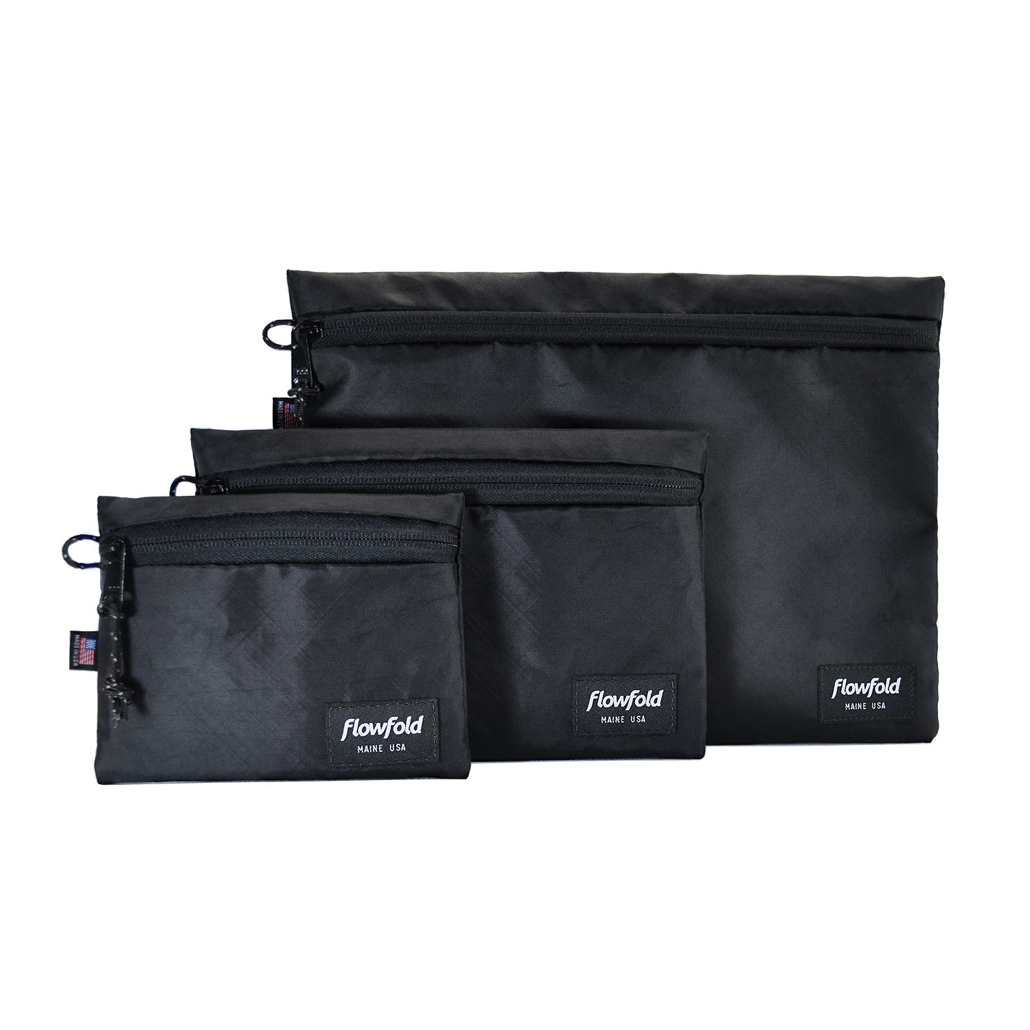 Flowfold Jet Black Voyager Travel Pouches Set of Three Water Resistant Organization Pouches Made in USA