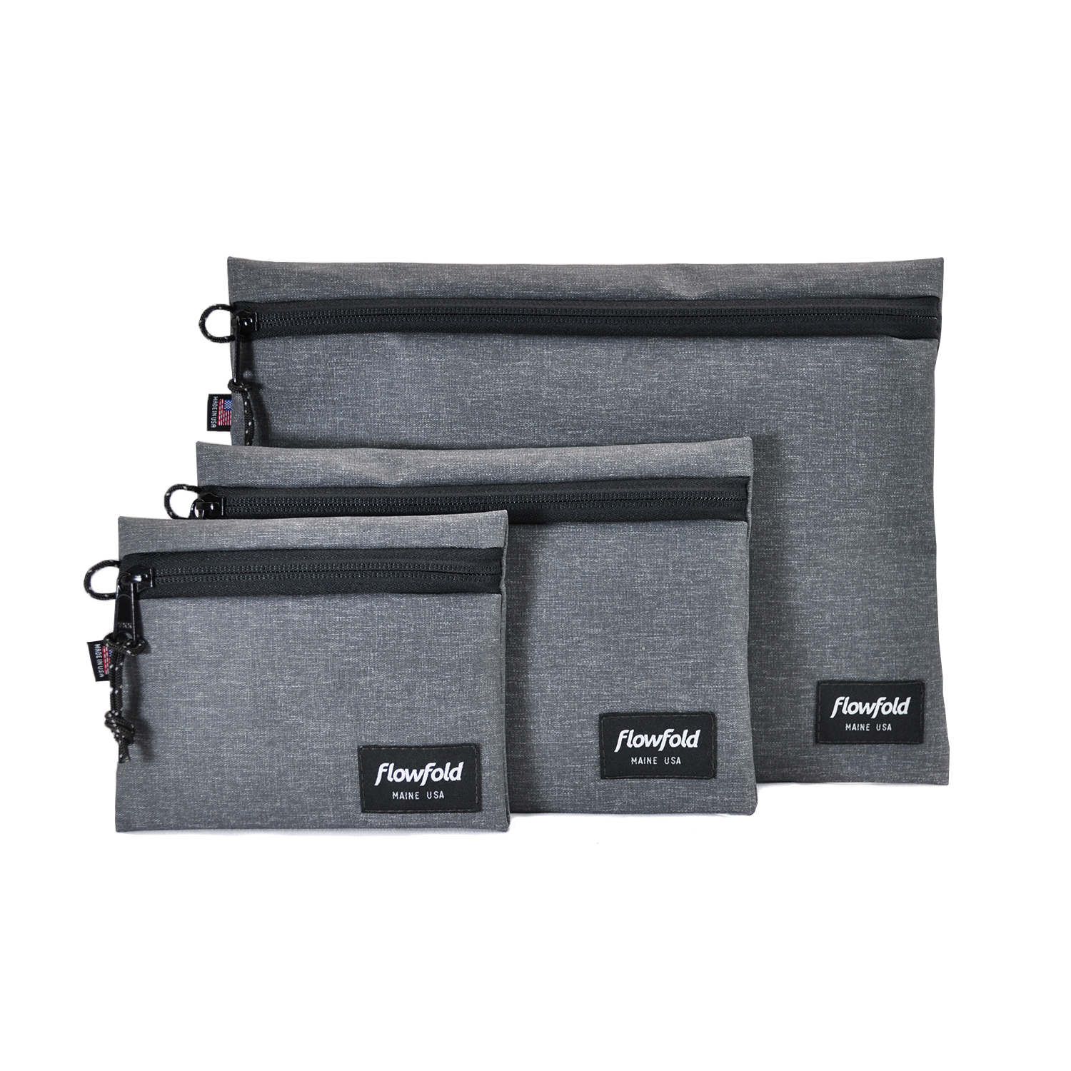 Flowfold Recycled Heather Grey Voyager Travel Pouches Set of Three Water Resistant Organization Pouches Made in USA